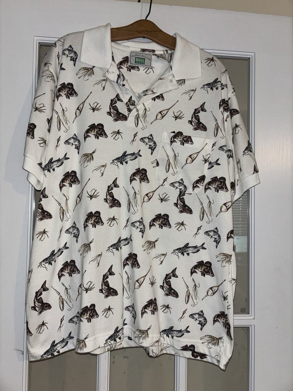 Michael Austin Fish themed Polo Shirt White Preppy Medium